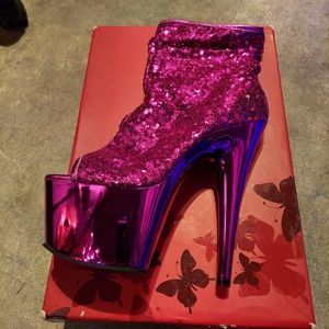 Pleaser fuchsia sequin 7" open toe bootie NIB